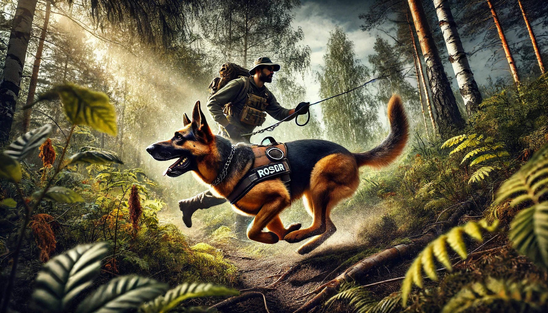 a dynamic scene of a trained tracking dog in action, highlighting the teamwork and dedication involved in dog tracking.
