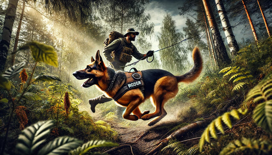 a dynamic scene of a trained tracking dog in action, highlighting the teamwork and dedication involved in dog tracking.