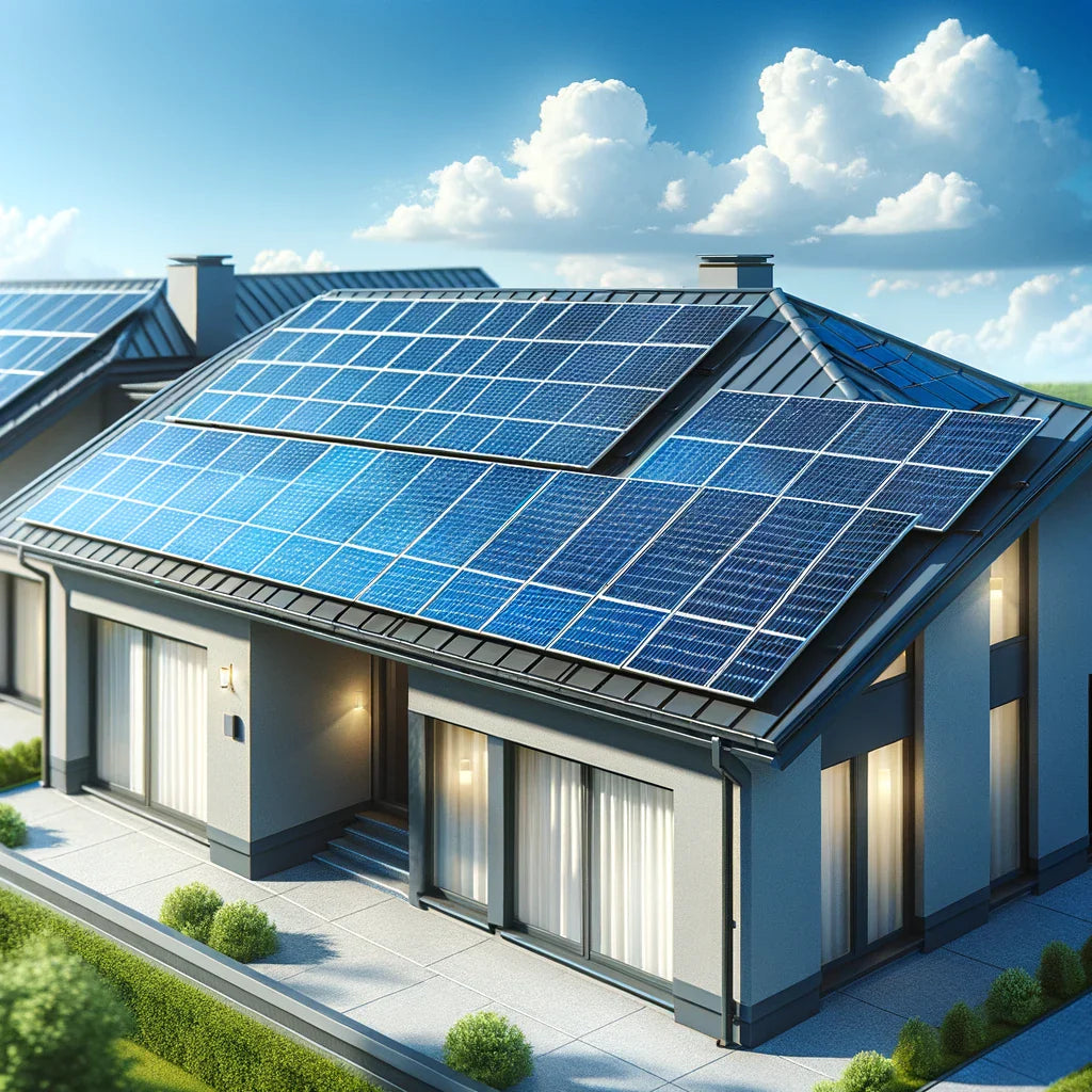 A modern gray house with large blue solar panels covering the sloped roof under a bright sky.
