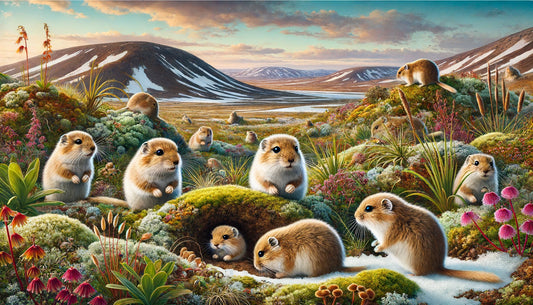 featuring a vibrant and detailed scene of lemmings in their natural Arctic habitat. Enjoy the lively and resilient nature of these tiny movers of the tundra!