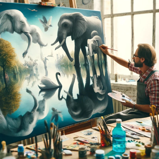 An artist painting a surreal scene of swans whose reflections transform into elephants on a canvas in a well-lit studio.