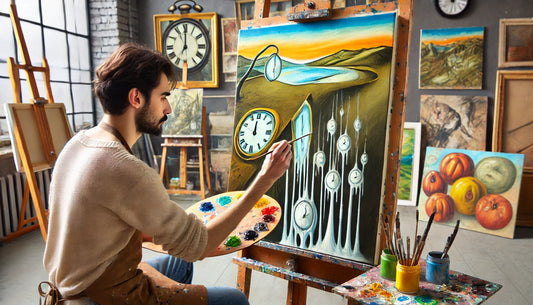 An artist painting ‘The Persistence of Memory’ by Salvador Dalí on a canvas. The artist is focused, with a palette in one hand and a brush in the other, capturing the surreal melting clocks and dream-like landscape of the original masterpiece.