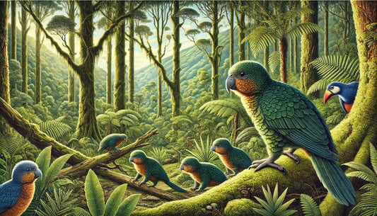Illustration of several kakapos foraging and resting in a dense temperate rainforest with lush vegetation. The scene includes tall trees, ferns, and moss-covered ground.