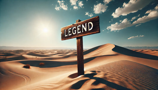 a serene desert landscape with a signpost saying "Legend" on it.