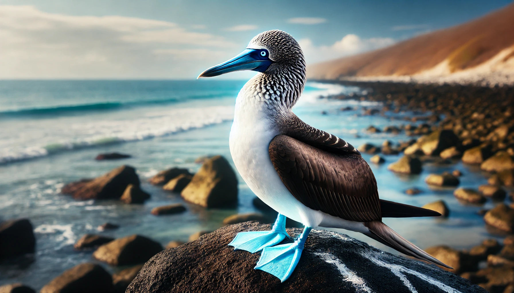 A Blue-footed Booby standing on a rocky shore with the ocean in the background. The bird has bright blue feet, a white underside, a dark brown back, and a greyish-blue bill. 