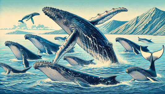 Illustration of several humpback whales swimming in the open ocean, with one breaching out of the water. The background includes clear blue water and a serene sky. 