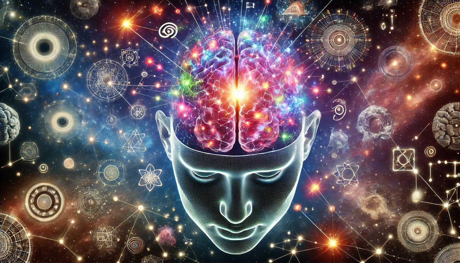 A detailed and thought-provoking scene representing consciousness. The image features a human brain with vibrant neural connections illuminated, symbolizing the complexity of the human mind.