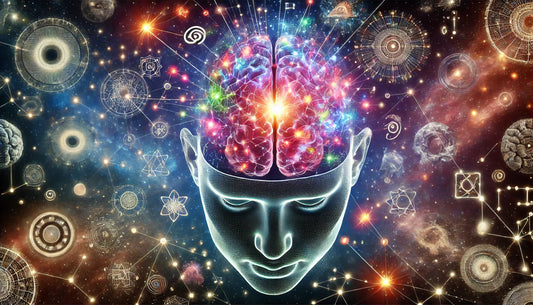 A detailed and thought-provoking scene representing consciousness. The image features a human brain with vibrant neural connections illuminated, symbolizing the complexity of the human mind.