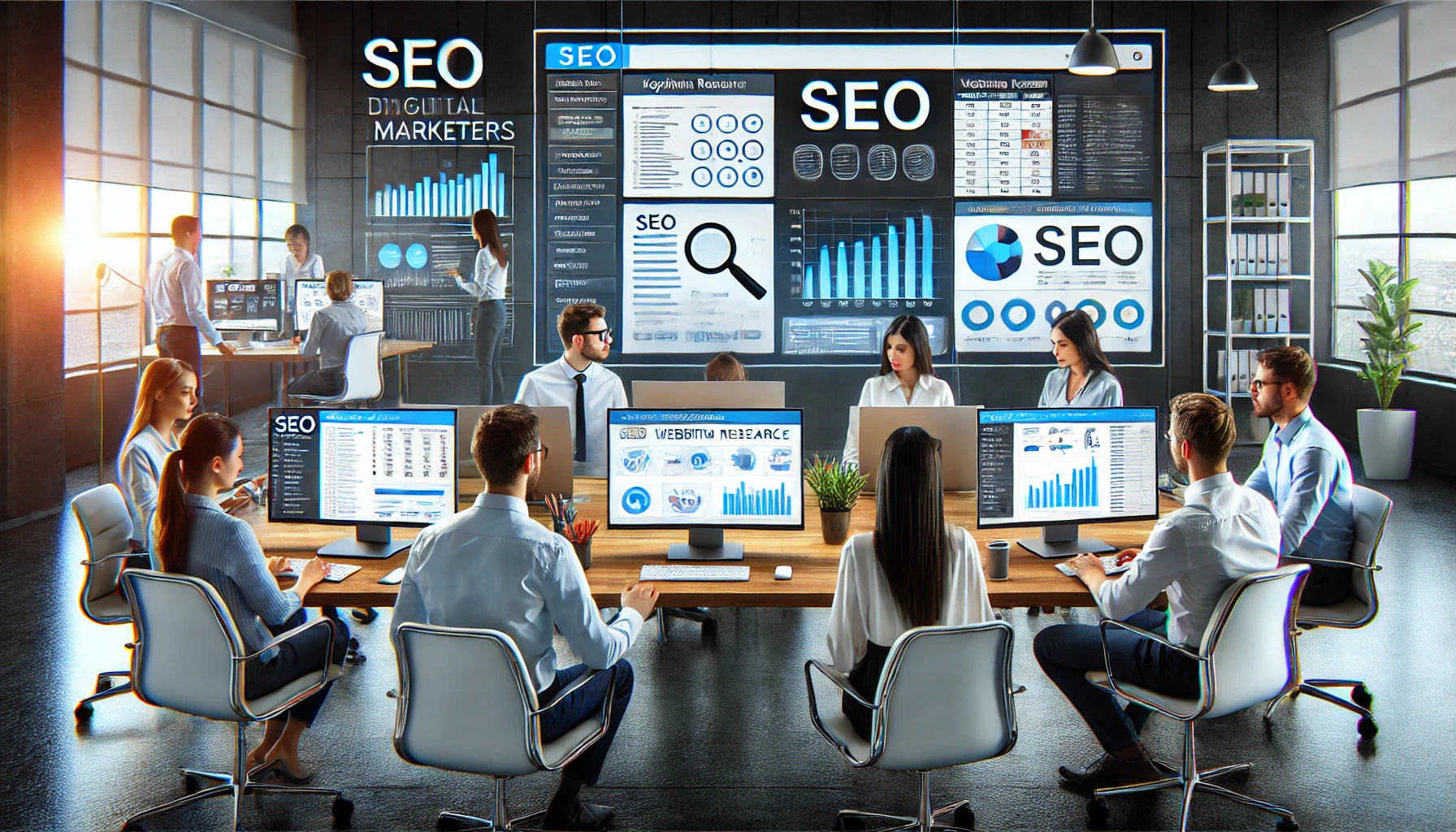 A team of digital marketers working together in a modern office setting, focusing on SEO tasks displayed on computer screens.