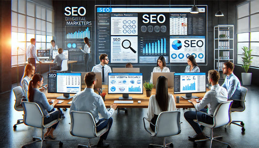 A team of digital marketers working together in a modern office setting, focusing on SEO tasks displayed on computer screens.