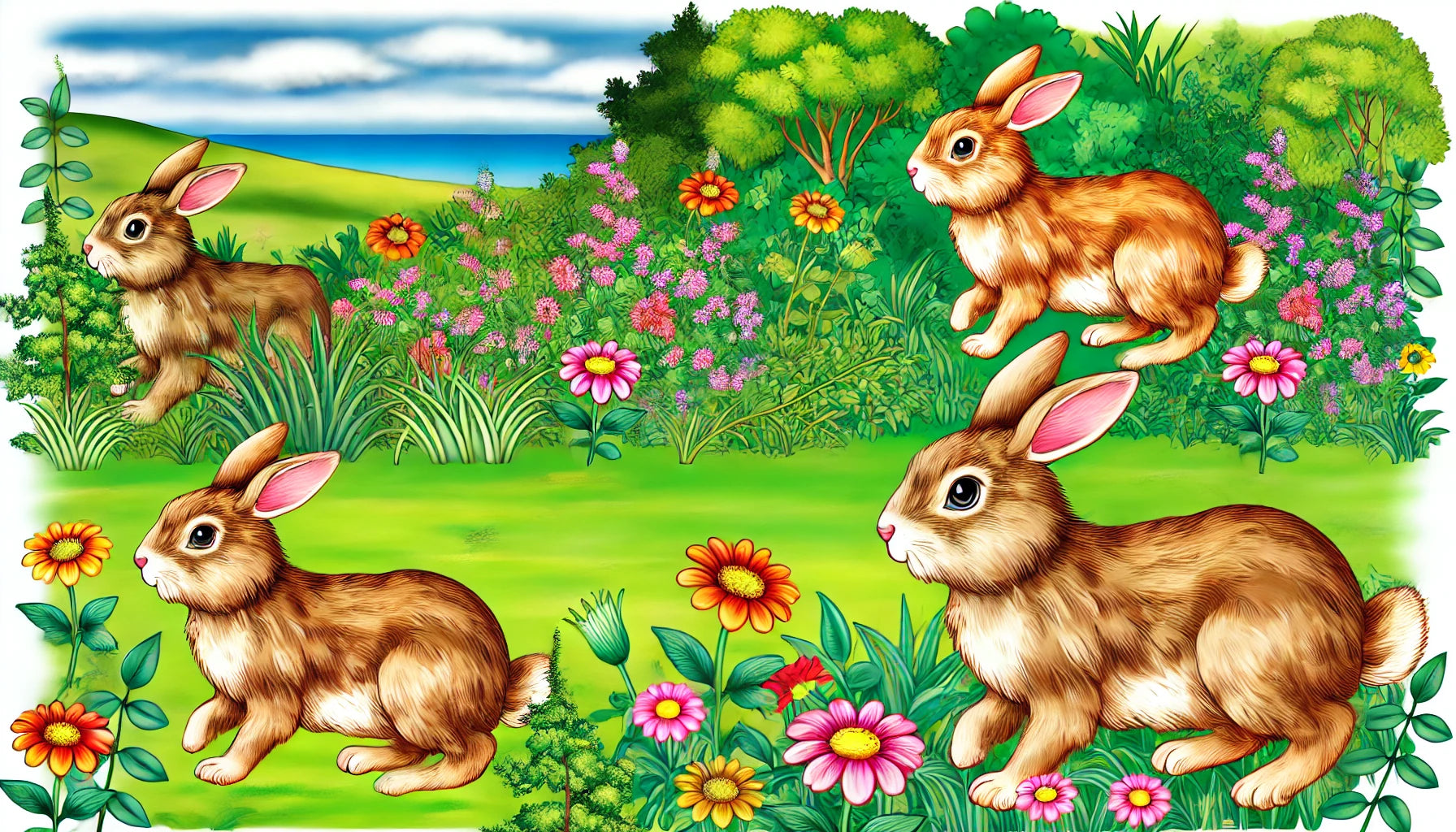  Illustration of several bunnies hopping and grazing in a lush meadow with colorful flowers and green grass. The background includes bushes and trees, creating a serene and picturesque environment. 
