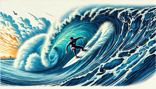 A vibrant and dynamic illustration of a big wave surfer riding a massive wave, showcasing the thrill and challenge of big wave surfing.