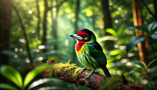 A Black-collared Barbet perched on a branch in a lush woodland. The bird has a striking red head and throat, a black collar around its neck, and a combination of green, yellow, and black on its body and wings. 