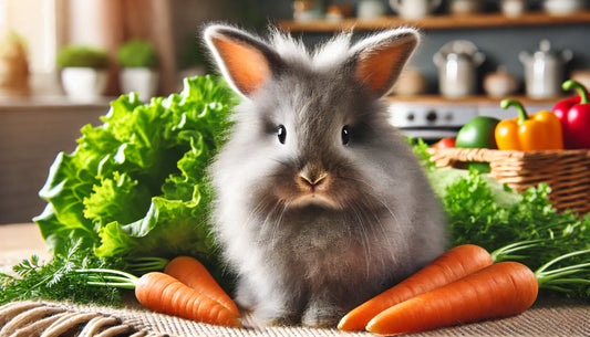 An adorable grey rabbit with soft, fluffy fur, surrounded by fresh vegetables such as carrots and leafy greens, in a cozy and inviting setting, showcasing its gentle and charming nature.