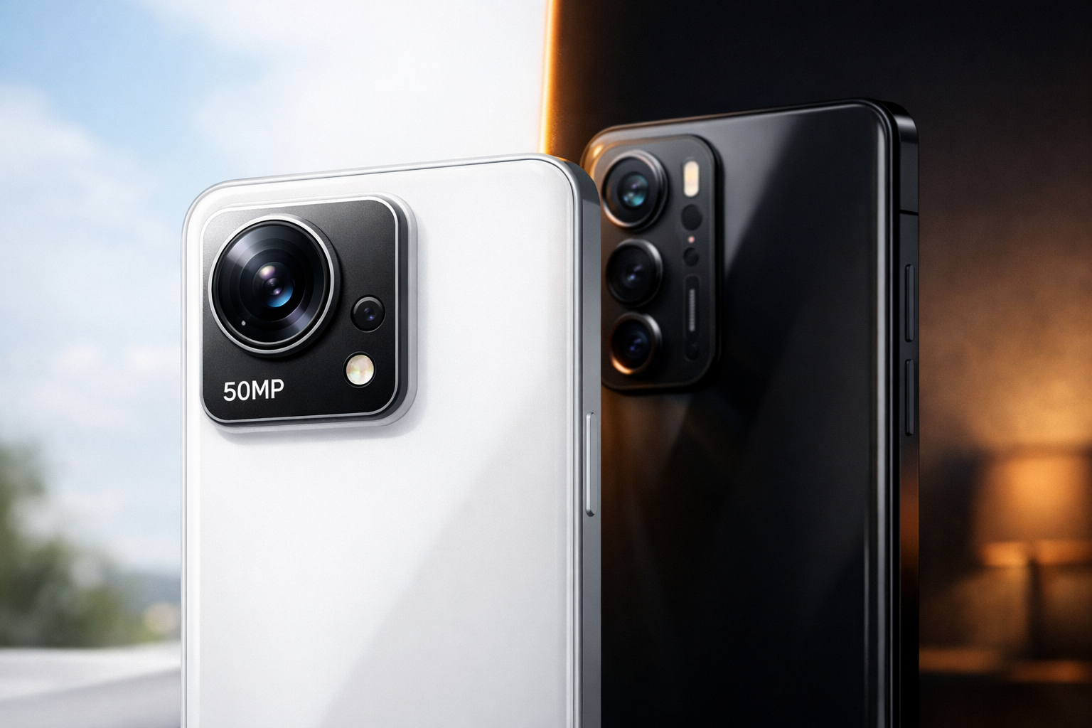 two modern smartphones side by side on a clean studio background, with one representing a budget 50MP camera phone and the other a premium camera phon