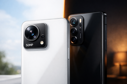 two modern smartphones side by side on a clean studio background, with one representing a budget 50MP camera phone and the other a premium camera phon