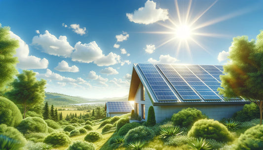 House with a sloped roof covered in blue solar panels, set in a sunny green landscape.