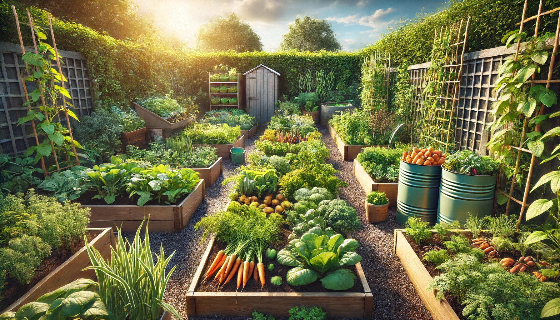 a thriving survival garden, as described. It showcases raised beds with a variety of vegetables and herbs, embodying the essence of self-sufficiency and sustainability.