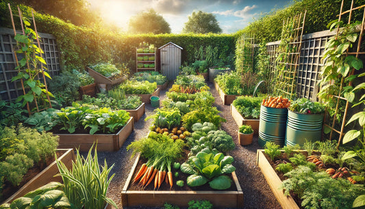 a thriving survival garden, as described. It showcases raised beds with a variety of vegetables and herbs, embodying the essence of self-sufficiency and sustainability.