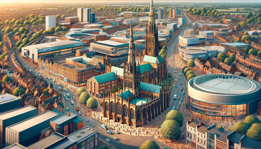 Detailed view of Coventry, UK, showcasing its historic landmarks, modern shopping centers, and iconic sites like Coventry Cathedral and the Ricoh Arena. 