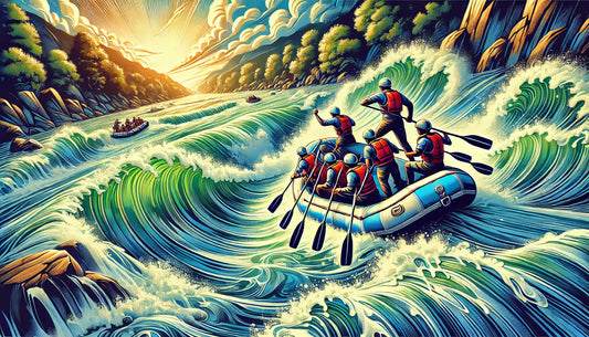 A vibrant and dynamic illustration of a team white water rafting through turbulent rapids, showcasing the thrill and teamwork involved in white water rafting.