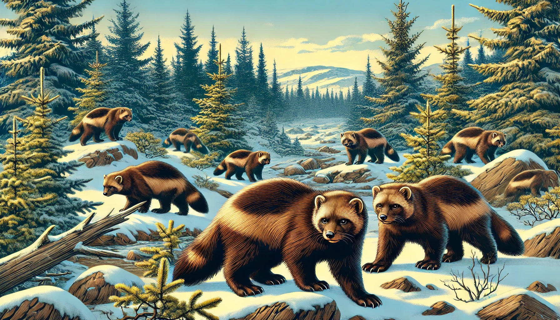 Illustration of several wolverines in their natural forest and tundra habitat, featuring stocky builds, dark brown fur, and lighter markings. 