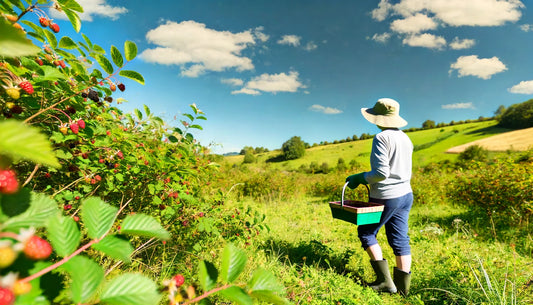 a person picking berries in a lush, green field. The person is wearing a sun hat, gloves, and sturdy shoes, and they are holding a basket filled with fresh berries. The field is dotted with berry bushes laden with ripe, colorful berries.
