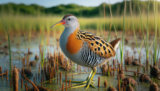 A Buff-banded Rail standing in a shallow marsh among reeds, with an orange chest, grey throat, and black-and-white barred flank feathers.
