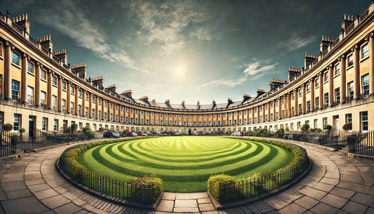 A panoramic view of the Royal Crescent in Bath, UK, showcasing the iconic Georgian architecture of the crescent-shaped row of 30 terraced houses. The scene includes a well-maintained green lawn in the foreground and a clear blue sky overhead.