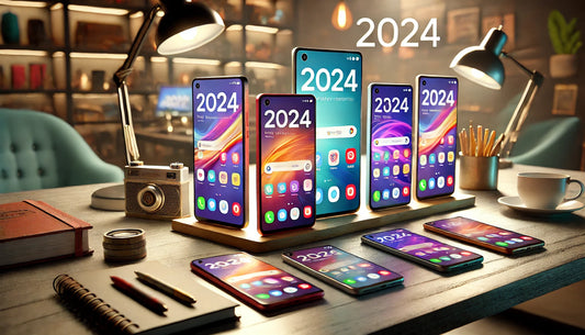 A selection of budget-friendly smartphones for 2024 displayed on a modern table. The smartphones are arranged to showcase their screens, highlighting vibrant displays with various apps and features visible.