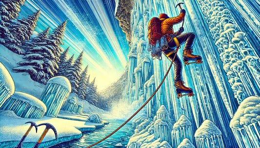 A vibrant and dynamic illustration of an ice climber ascending a frozen waterfall, showcasing the thrill and challenge of ice climbing.