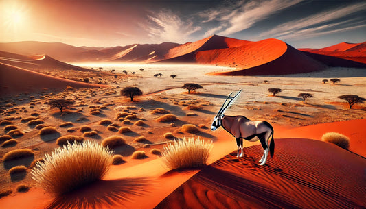 A stunning view of the Namib Desert featuring vast red sand dunes and a clear blue sky. The scene includes the iconic Dune 45 and sparse vegetation dotting the landscape.