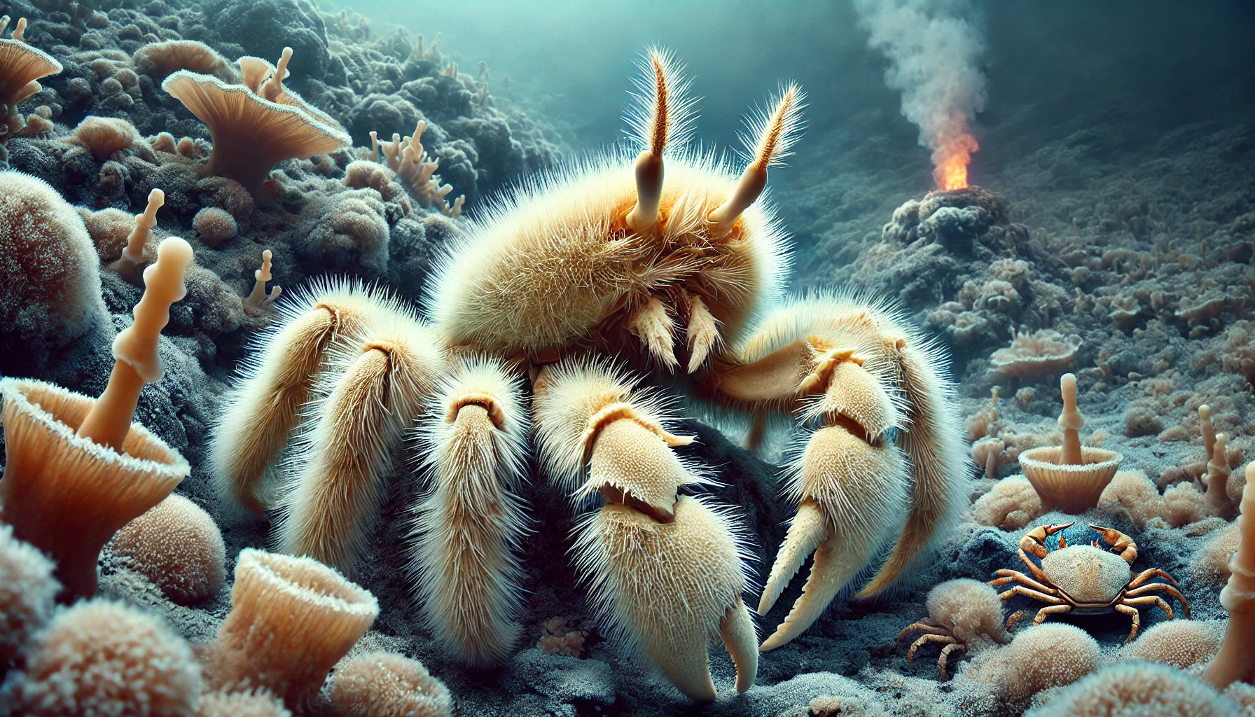 A yeti crab near a hydrothermal vent, displaying its hairy claws and pale coloration, surrounded by the deep-sea environment it inhabits.