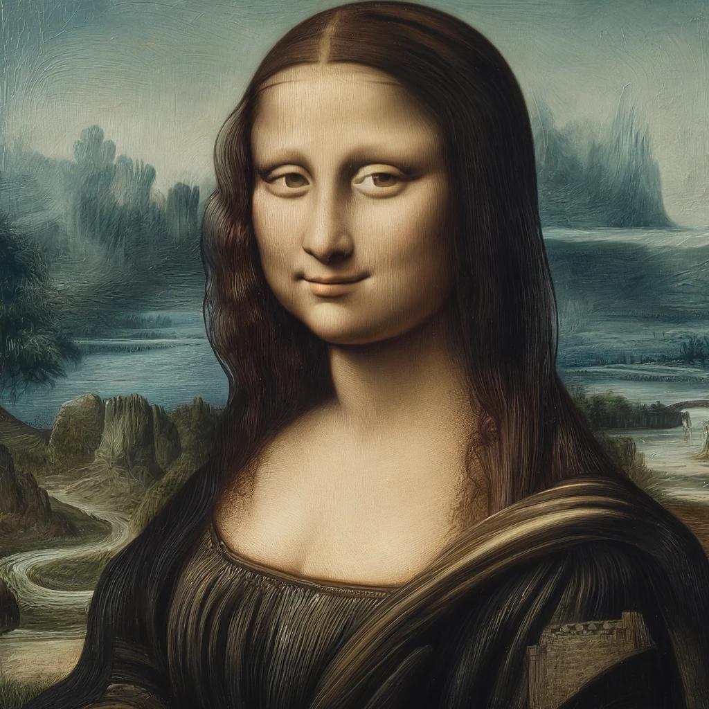 Reproduction of the Mona Lisa painting: woman with dark hair and a subtle smile, wearing a brown garment against a blue-green landscape.
