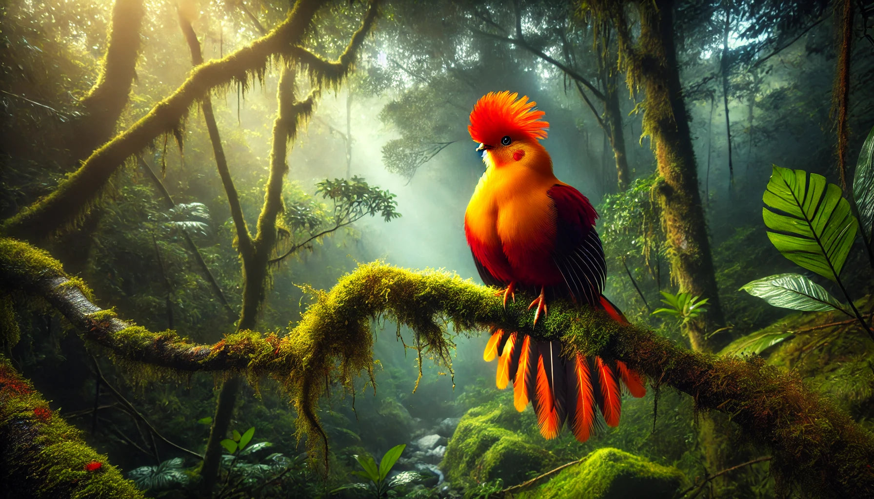 An Andean Cock-of-the-Rock displaying its vibrant plumage in a lush cloud forest setting. The bird is perched on a branch, showcasing its bright red crest and orange feathers.