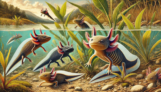 Illustration of several axolotls swimming and resting among aquatic plants in a clear freshwater lake. The scene includes the muddy lakebed and submerged vegetation. 