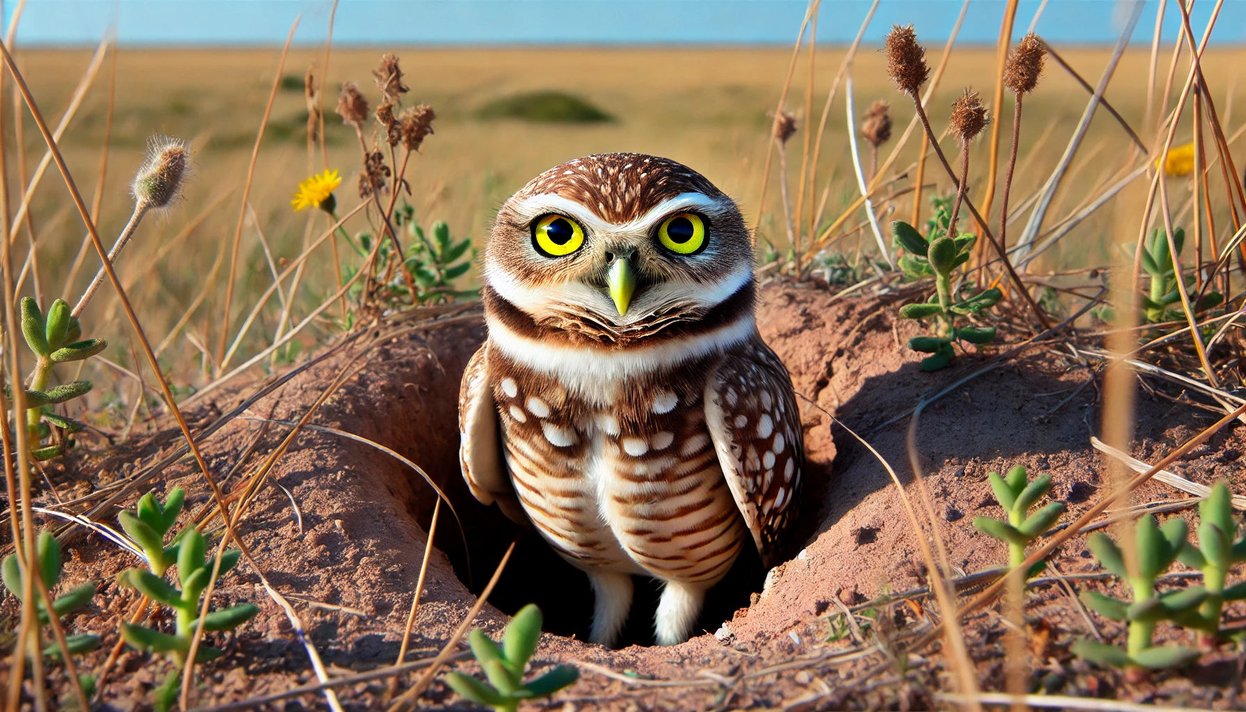 A Burrowing Owl in its natural habitat. The owl is small with long, slender legs, bright yellow eyes, and brown and white speckled plumage. 