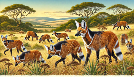 Illustration of several maned wolves foraging and exploring in a grassland with tall grasses and scattered trees in their natural habitat in South America. The scene includes a clear blue sky and rolling hills. 