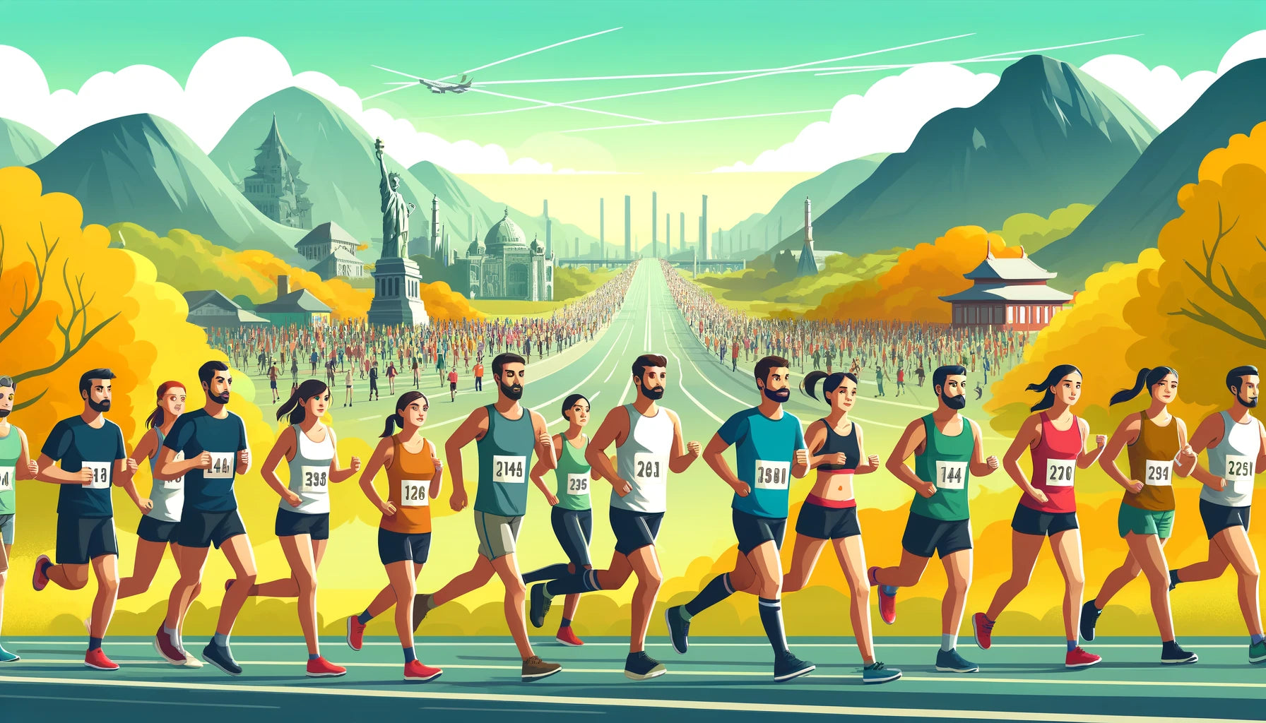 a group of marathon runners on a scenic route, capturing the energy and excitement of the marathon event. 