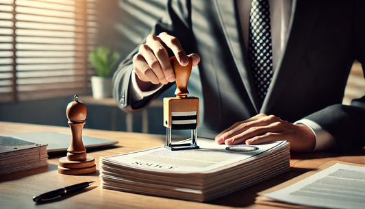 A person in professional attire is shown in a formal office environment, stamping a stack of policy papers on a neatly arranged desk.