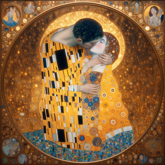 A detailed and ornate painting inspired by "The Kiss" by Gustav Klimt, featuring a couple in a loving embrace. The man and woman are enveloped in elaborate, gold-infused robes with intricate patterns and textures.