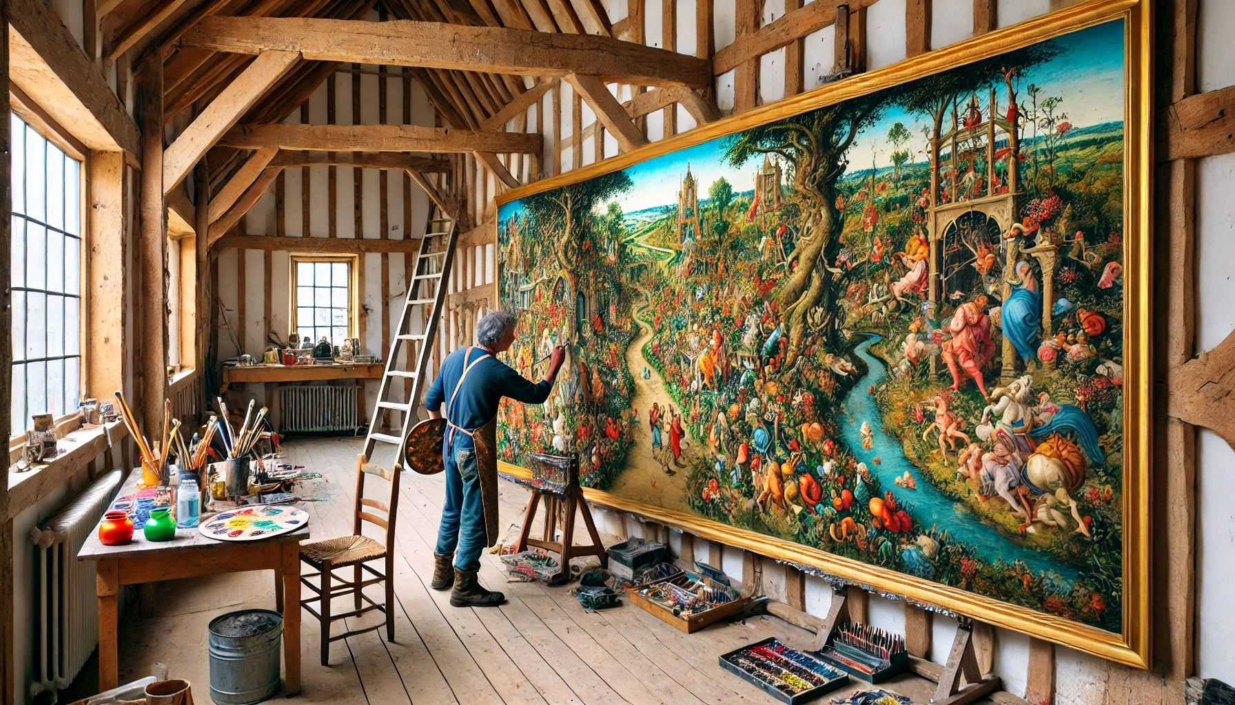An artist painting a detailed version of Hieronymus Bosch’s “The Garden of Earthly Delights” on a large wall inside a rustic barn. 