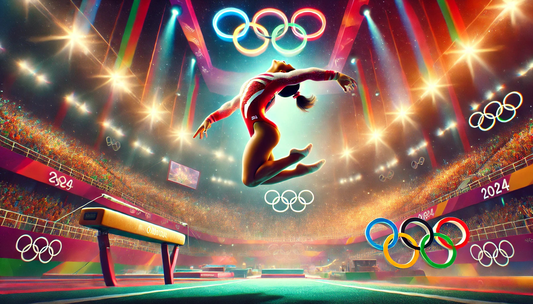 A vibrant and dynamic scene of Simone Biles performing gymnastics at the 2024 Olympic Games. Simone is captured mid-air during a high-flying routine on the floor exercise, showcasing her athleticism and grace.