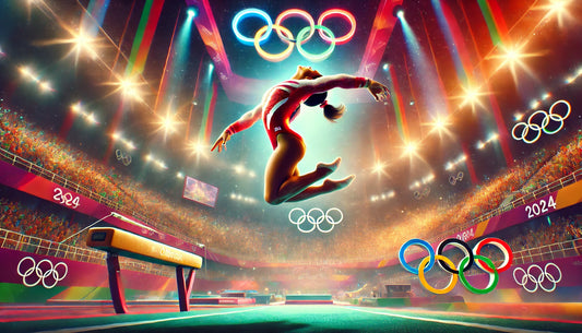 A vibrant and dynamic scene of Simone Biles performing gymnastics at the 2024 Olympic Games. Simone is captured mid-air during a high-flying routine on the floor exercise, showcasing her athleticism and grace.