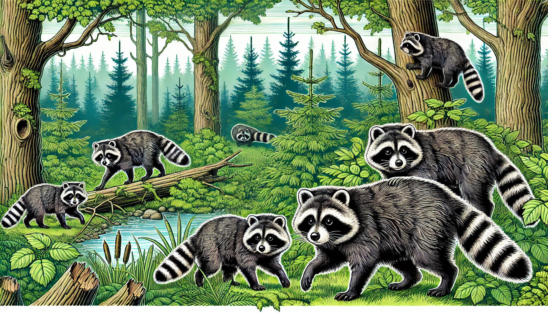 Illustration of several raccoon dogs in their natural forest habitat, featuring distinctive dark face masks, thick fur, and bushy tails. 