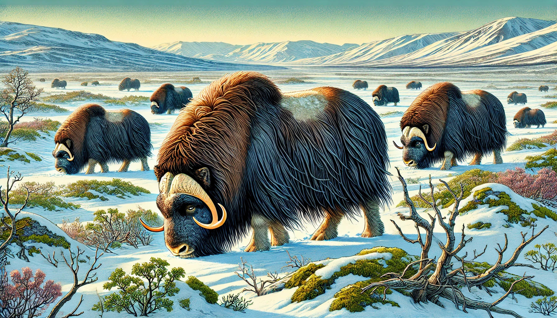 Illustration of several musk oxen in their natural Arctic tundra habitat. The scene includes musk oxen with thick, shaggy fur and large curved horns grazing on the snow-covered ground, with sparse vegetation and distant mountains under a clear, cold sky. 