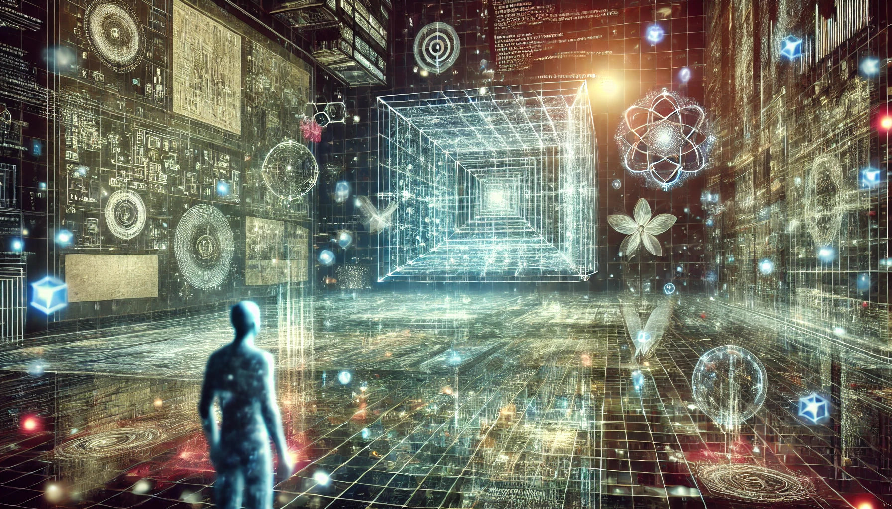 A futuristic scene depicting the concept of simulation theory. The image shows a digital grid-like environment with floating holographic elements, representing a simulated reality. 