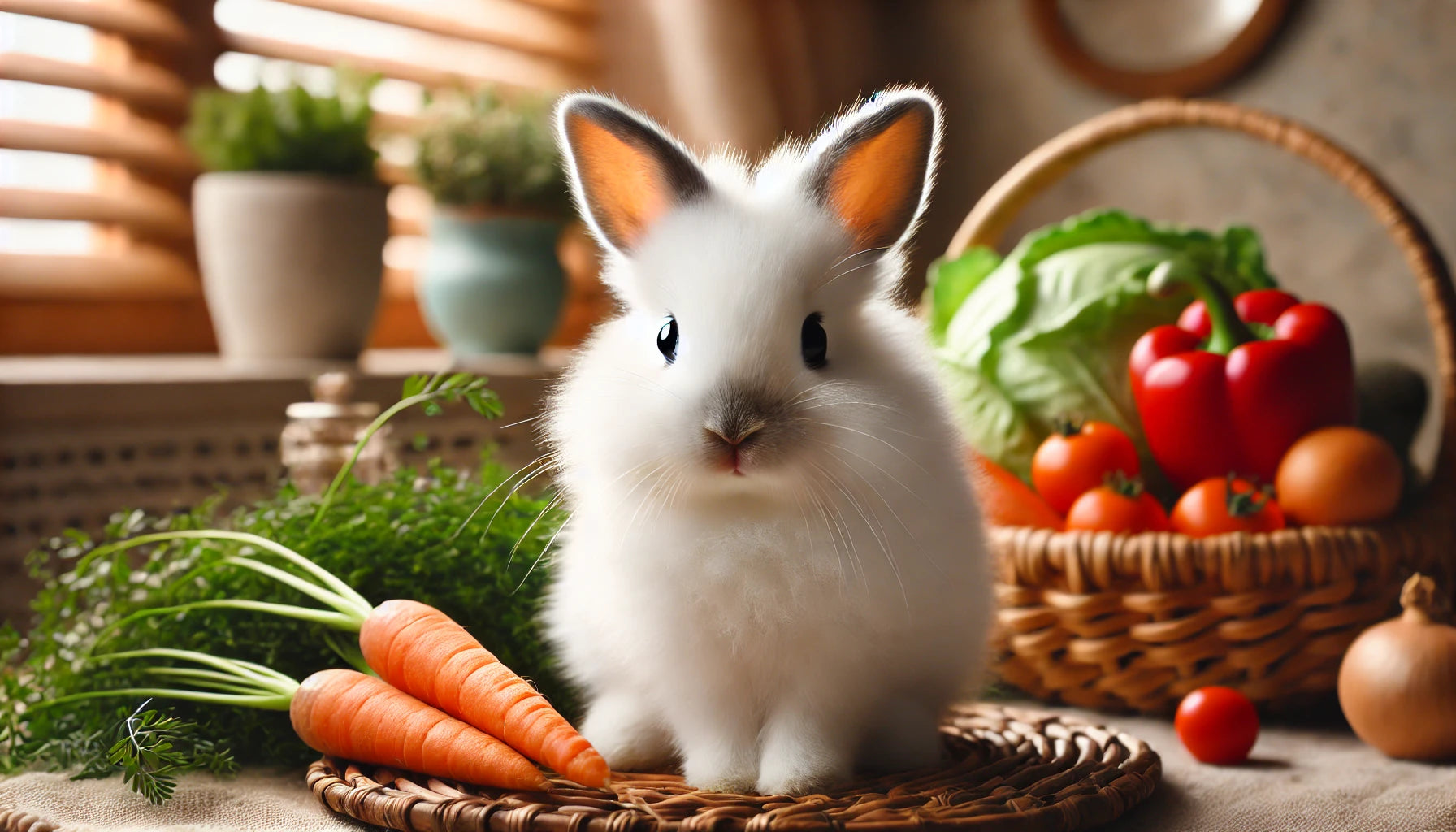 An adorable white rabbit with soft, fluffy fur, surrounded by fresh vegetables such as carrots and leafy greens, in a cozy and inviting setting, showcasing its gentle and charming nature.