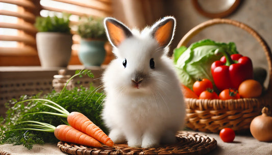 An adorable white rabbit with soft, fluffy fur, surrounded by fresh vegetables such as carrots and leafy greens, in a cozy and inviting setting, showcasing its gentle and charming nature.