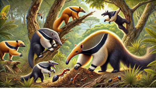 species of anteaters in their natural habitats. The scene showcases a giant anteater foraging for ants, a silky anteater climbing a tree, and a northern tamandua breaking open a termite mound, all within a lush tropical forest setting.